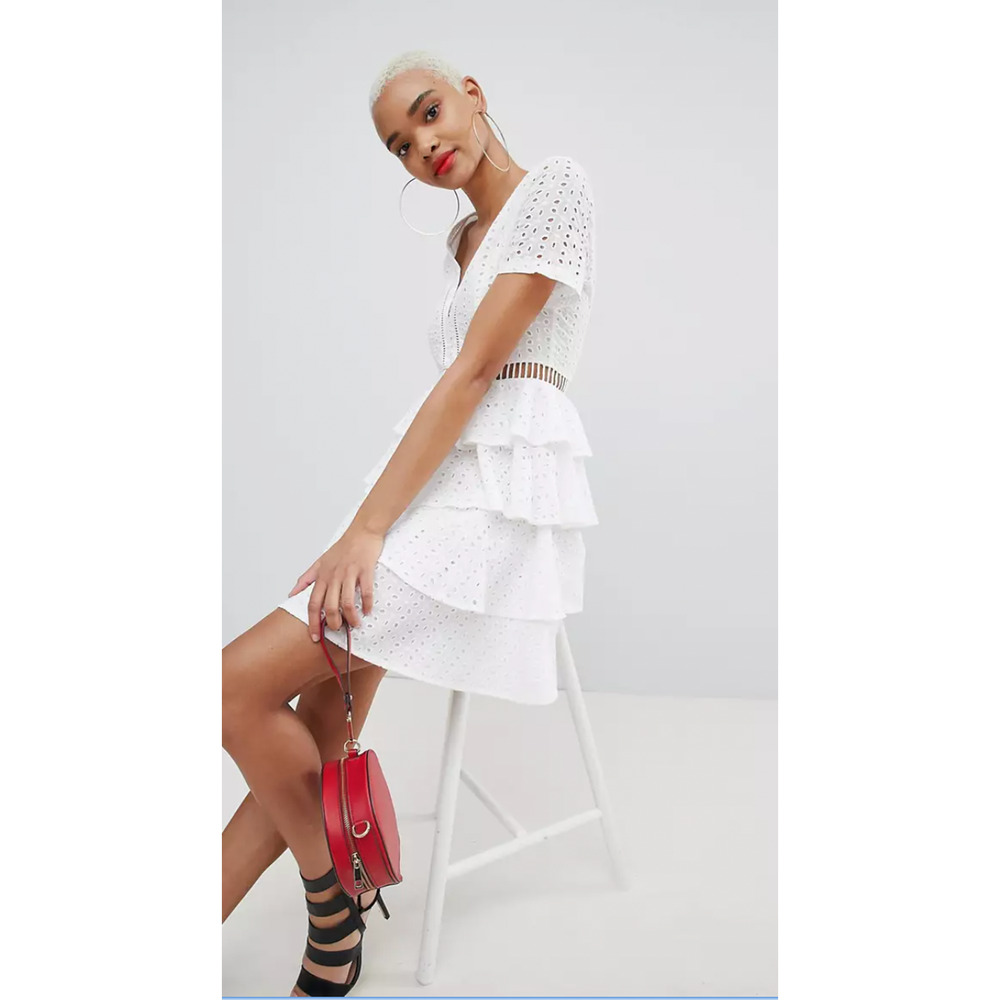 PrettyLittleThing White Eyelet Tiered Ruffle Mini Dress V-Neck Short Sleeve US 6